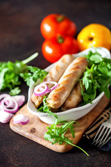 Kupaty -shashlik sausage of pork barbecue, grill. Grilled sausage.  Selective focus
