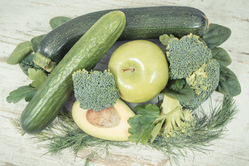 Vintage photo, Green fruits and vegetables containing natural minerals, vitamins and fiber, healthy nutrition concept
