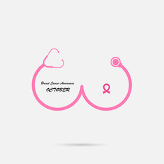 Stethoscope and Breast icon.Breast Cancer October Awareness Month Campaign banner.Women health concept.Breast cancer awareness month logo design.Realistic pink ribbon.Pink care logo.