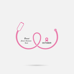 Stethoscope and Breast icon.Breast Cancer October Awareness Month Campaign banner.Women health concept.Breast cancer awareness month logo design.Realistic pink ribbon.Pink care logo.