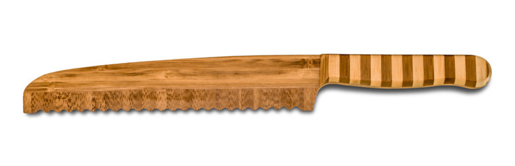 Wooden bread cutting knife isolated on white background. Bamboo knife.