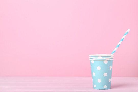 Blue Paper Cups With Straw On Pink Background