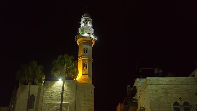 Bethlehem. Wide timelapse, hyperlapse, Omar mosque, Masjed Omar, at night in Palestine, West Bank, 4K footage