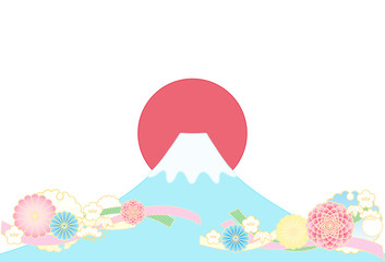 和柄　背景　富士山　初日の出　縁起花