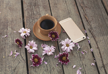 coffee flowers and mobile phone