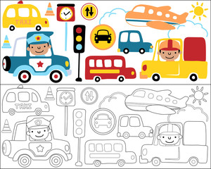 Vector set of vehicles cartoon with funny driver, coloring book or page