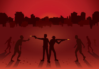 Fototapeta na wymiar Silhouette of two man stand and fighting crowd zombie with handgun and rifle on ruined city background. Red Theme Illustration.