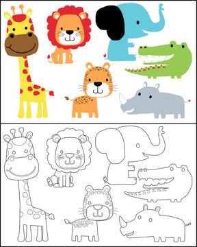 Vector set of safari animals cartoon, coloring book or page
