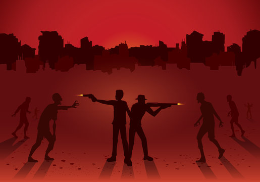 Silhouette of two man stand and fighting crowd zombie with handgun and rifle on ruined city background. Red Theme Illustration.