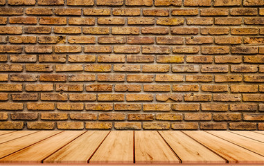 Old wood plank with abstract old brick wall background for product display 