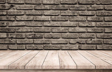 Old wood plank with abstract old brick wall background for product display 