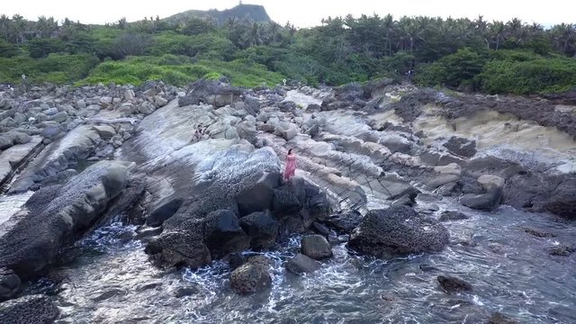 Aerial shot of the ocean, rocks and the beautiful landscape of Luye Township in Taiwan