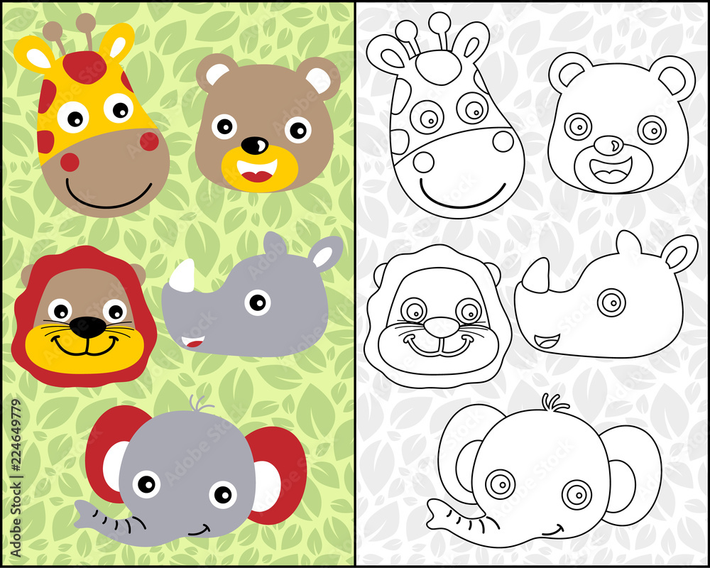 Canvas Prints vector of coloring book or page with safari animals head cartoon