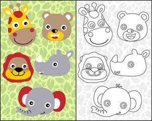 vector of coloring book or page with safari animals head cartoon
