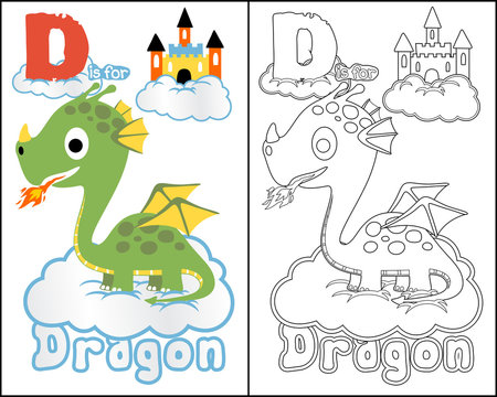vector of coloring book or page with little dragon cartoon