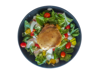Roasted Chicken with Chopped Vegetable Salad with sweet pepper and onion  in white isolate background.Ketogenic diet food.