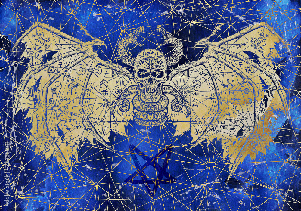 Wall mural Scary demon with evil symbols on wings and pentagram on blue texture. Esoteric, occult and Halloween concept, illustration with mystic symbols and sacred geometry