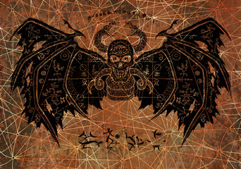 Black demon with devil symbols on textured background. Esoteric, occult and Halloween concept, illustration with mystic symbols and sacred geometry