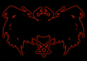 Red blurred silhouette with demon and pentagram on black. Esoteric, occult and Halloween concept, illustration with mystic symbols and sacred geometry
