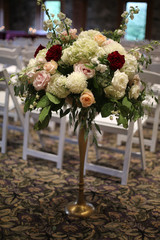 Wedding Ceremony Decor, Large Pink, Red, and White Floral Arrangement on a Tall Silver Stand