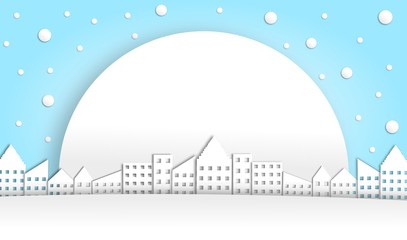 abstract building with big sun in winter season, city theme, christmas season, vector, illustration, paper art style