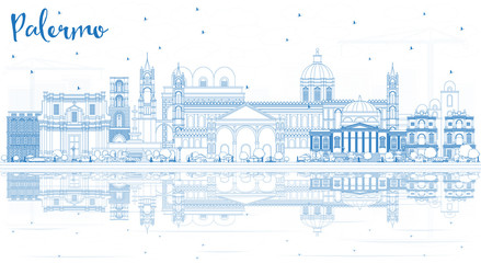 Outline Palermo Italy City Skyline with Blue Buildings and Reflections.