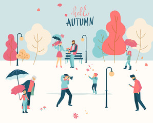 Hello autumn poster. People walking in autumn park.