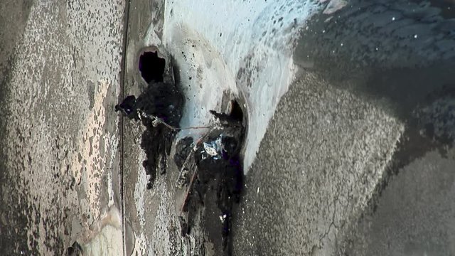 The Car After the Fire. Burnt Out Car With an Open Hood. Engine Burned Out Car Wreck After a Fire. Vandalism.