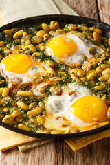 Iranian food Baghali Ghatogh stew of beans and dill with fried eggs close-up in a frying pan. vertical