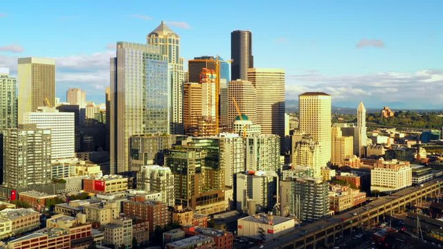 Aerial push in video footage Downtown Seattle Washington 4k