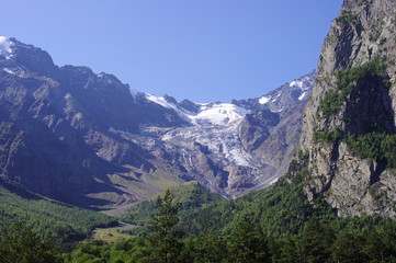 Fototapeta na wymiar Valley in the mountains, overgrown with wood and glacier in the distance