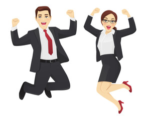 Happy business man and woman jumping with hands up vector illustration