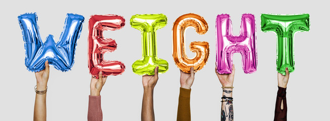 Hands showing weight balloons word