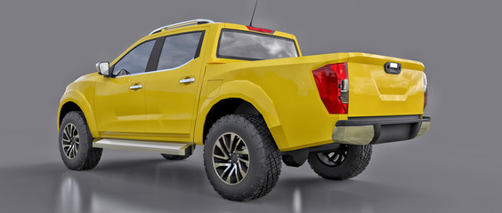 Yellow commercial vehicle delivery truck with a double cab. Machine without insignia with a clean empty body to accommodate your logos and labels. 3d rendering. © whitecityrecords