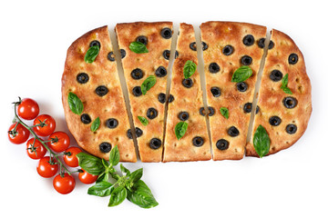 Italian Focaccia with tomatoes, black olives and basil on white background.