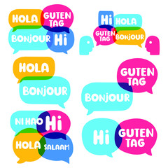 Learn a new language,  bilingual translation concept. Set of vector hand drawn, lettering illustration on white background.