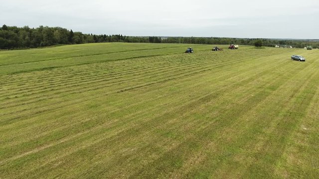 Aerial view of large grey and green farmland field having unplowed area with running tractors, moving combines and driving car on it surrounded by trees.