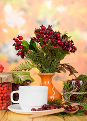 Autumn still-life from cup of herbal tea and berries on background of red leaves