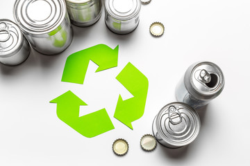Eco concept with recycling symbol on table background top view