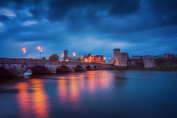 Beautiful panoramic view over medieval King John's Castle and River Shannon in Limerick city,...