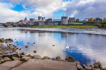 Beautiful panoramic view over medieval King John's Castle and River Shannon in Limerick city,...
