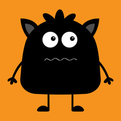 Cute black silhouette monster icon. Happy Halloween. Cartoon colorful scary funny character. Eyes, ears, mouth, hair. Funny baby collection. Orange background Isolated. Flat design.