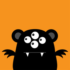 Fototapeta premium Cute black silhouette monster face icon. Happy Halloween. Cartoon colorful scary funny character. Eyes, ears, wings. Funny baby collection. Orange background. Flat design.