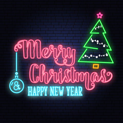 Merry Christmas and Happy New Year neon sign.with Christmas tree. Vector illustration.