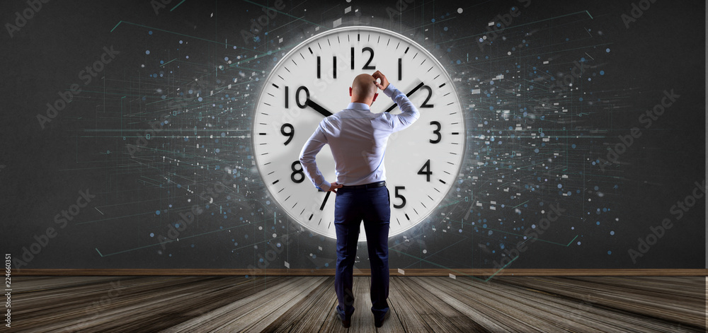 Poster man holding a clock timer 3d rendering