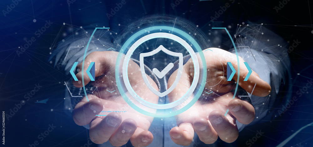 Poster man holding a shield web security concept 3d rendering