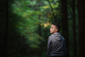 adorable boy stands in dense forests