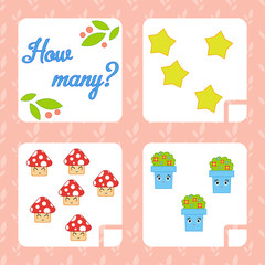 Obraz premium Counting game for preschool children for the development of mathematical abilities. Count the number of objects in the picture. With a place for answers. Simple flat isolated vector illustration.