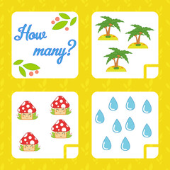 Counting game for preschool children for the development of mathematical abilities. Count the number of objects in the picture. With a place for answers. Simple flat isolated vector illustration.