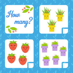 Counting game for preschool children for the development of mathematical abilities. Count the number of objects in the picture. With a place for answers. Simple flat isolated vector illustration.